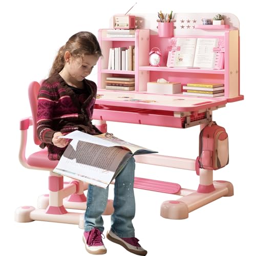 Gryphvex Kinder-Schreibtisch-Stuhl-Set, höhenverstellbarer Kindertisch und Stuhl mit gekippter Tischplatte, Buchständer, Fußstütze und Trennwand, Kinder Schreibtisch für Jungs & Mädchen (Rose) von Gryphvex