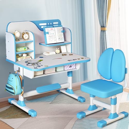 Gryphvex Kinderschreibtisch und Stuhl Set, höhenverstellbarer Kinder Schreibtischstuhl, Schülerschreibtisch, ergonomischer Schreibtischstuhl mit großer Schreibplatte, Bücherregal und Schublade (Blau) Gryphvex Kinderschreibtisch und Stuhl Set, höhenverstellbarer Kinder Schreibtischstuhl, Schülerschreibtisch, ergonomischer Schreibtischstuhl mit großer Schreibplatte, Bücherregal und Schublade (Blau) von Gryphvex