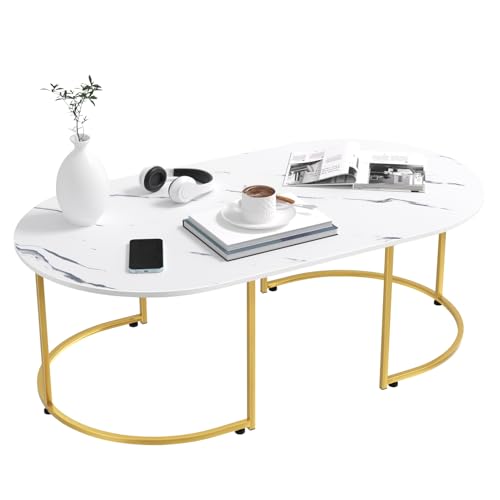 Gryphvex Kleiner Couchtisch, ovaler Holzschreibtisch mit Metallrahmen und Marmormuster, moderner Teetisch für Wohnzimmer, Mittelausstellung, Couchtische für kleine Räume, 99,1 x 61 x 43,2 cm, Weiß von Gryphvex