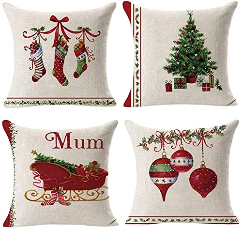 Gspirit 4 Stück Kissenbezug Blume Dekorative Rot Grün Weihnachten Socke Kissenhülle Baumwolle Leinen Werfen Sie Kissenbezüge Sofa 45x45 cm von Gspirit