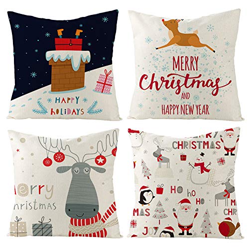 Gspirit 4 Stück Kissenbezug Weihnachten Rentier Muster Dekorative Kissenhülle Baumwolle Leinen Werfen Sie Kissenbezüge 45x45 cm von Gspirit