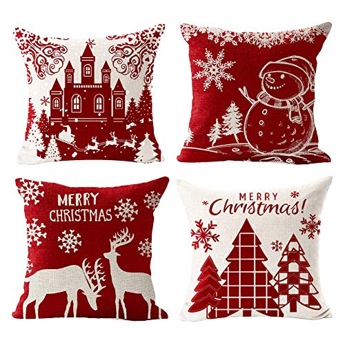 Gspirit 4 Stück Kissenbezug Frohe Weihnachten Rot Dekorative Winter Kissenhülle Baumwolle Leinen Werfen Sie Kissenbezüge 45x45 cm von Gspirit