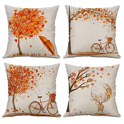 Gspirit 4 Stück Kissenbezug Herbst Ahornblatt Muster Dekorative Kissenhülle Baumwolle Leinen Werfen Sie Kissenbezüge 45x45 cm von Gspirit