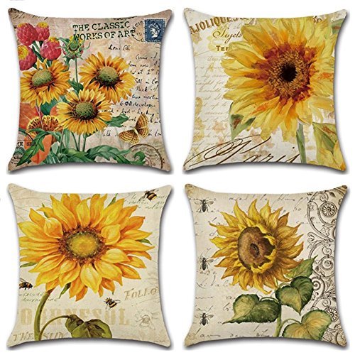 Gspirit 4 Stück Kissenbezug Sonnenblume Dekorative Kissenhülle Baumwolle Leinen Werfen Sie Kissenbezüge 45x45 cm (4) von Gspirit