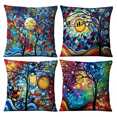 Gspirit 4er Set Kissenbezug Dekorative Dekokissen Kissenhülle Bunt Abstrakt Baum Baumwolle Leinen Werfen Sie Kissenbezüge 45x45 cm von Gspirit