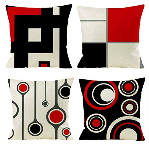 Gspirit 4er Set Kissenbezug Dekorative Dekokissen Kissenhülle Modern Schwarz Rot Geometrisch Muster Baumwolle Leinen Werfen Sie Kissenbezüge 45x45 cm von Gspirit