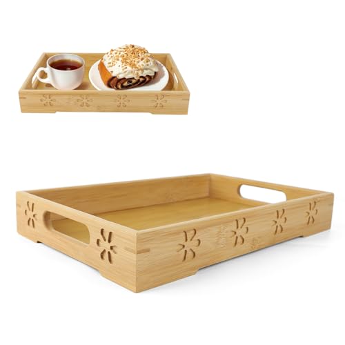 Gsrhzd Serviertablett, Servierplatte, 33 * 22 * 5cm rutschfest Fäulnisbeständig Bambus Tablett Serviertablett mit Griff für Tee Snack Obst Frühstück, Küchentablett für Haus, Cafés, Restaurants usw von Gsrhzd
