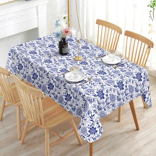 Blaue Blumenpastoral Abwaschbar Rechteckig Tischdecke Polyester Vintage Tischdecke Rechteckig Tischdecke Outdoor Tischtuch Geeignet für Party Picknick Essen Garten 110x140cm von GthreeD