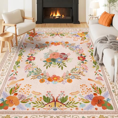 GthreeD Teppich Wohnzimmer Waschbarer 140x200 cm - Boho Kurzflor Teppich Schlafzimmer - Orientalischer Vintage Teppiche Weich rutschfest Design für Schlafzimmer, Esszimmer, Küchen,Blumen-Beige von GthreeD