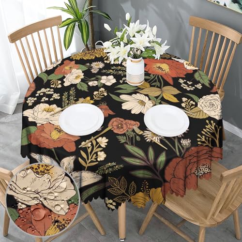 Tischdecke Rund 150 cm Blumen Garten Florals Landhausstil Polyester Vintage Tischtuch Outdoor Abwaschbar Tischdecken Geeignet für Party Picknick Essen Garten von GthreeD