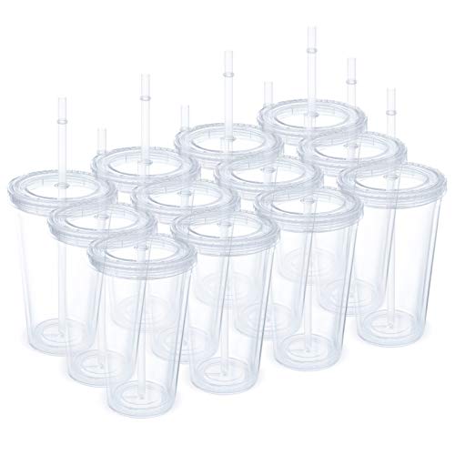 12 Stück transparente isolierte Trinkgläser, Kunststoffbecher, doppelwandige Trinkgläser, 473 ml, Acryl-isolierte Becher mit Deckel und wiederverwendbarem Strohhalm von Gtmileo