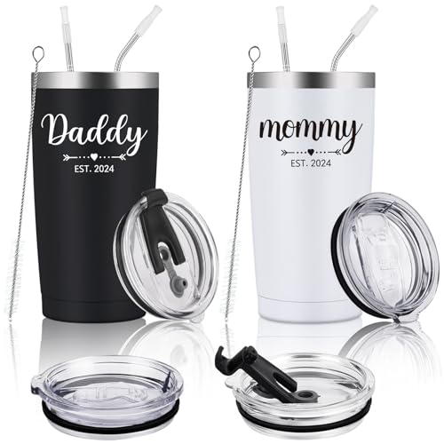 Gtmileo Daddy and Mommy Est 2024 Travel Tumbler, New Parents Insulated Tumblers 590 ml, Mom Dad Gift for Mother's Day, Father's Day, Christmas, New Pregnancy, Birthday, Baby Shower (Black White) von Gtmileo