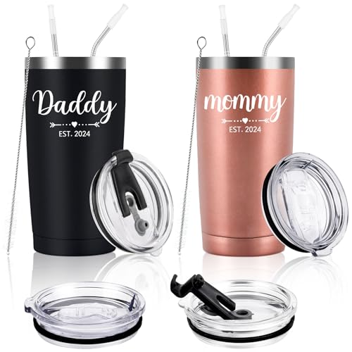 Gtmileo Daddy and Mommy Est 2024 Travel Tumbler, New Parents Insulated Tumblers 590 ml, Mom Dad Gift for Mother's Day, Father's Day, Christmas, New Pregnancy, Birthday, Baby Shower (Black Rose Gold) von Gtmileo