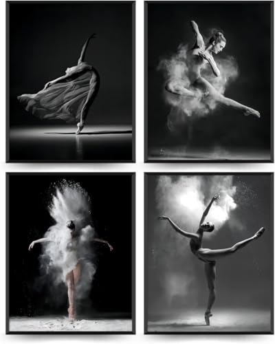 Enthusiasm Set mit 4 schwarz-weißen Ballett-Wandkunst, Tänzerin, schönes Mädchen-Schlafzimmer, elegantes Tanz-, Klassenzimmer, Badezimmer, Schlafsaal, Dekoration, Poster (30 x 40 cm) von Gtoaxxno