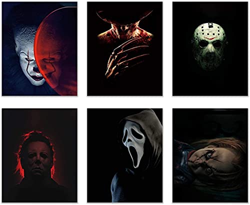 Gtoaxxno Set mit 6 Horror-Film-Postern, Vintage-Halloween-Poster, Charakter, Wandkunst Poster für Wohnzimmer, Schlafzimmer, Club-Dekoration (40 x 60 cm) von Gtoaxxno