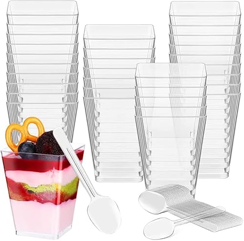 Gttyowyin 50 Stück Desserttasse mit 50 Stück Löffeln, 5 OZ /160ML Dessertbecher Klare Dessertschalen Wiederverwendbar Quadrat Desserttassen Becher für Zuhause Desserts Pudding Mousse Eis Party von Gttyowyin