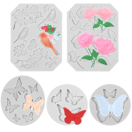 5 Stück Silikonformen Blumen Schmetterlings, Rosenblütenstiele Vögel Schmetterlinge Gießformen Silikon Pralinenform Silikonformen Gießformen für SüßIgkeiten Schokolade Kekse Kuchen Dekoration von Gtziqa