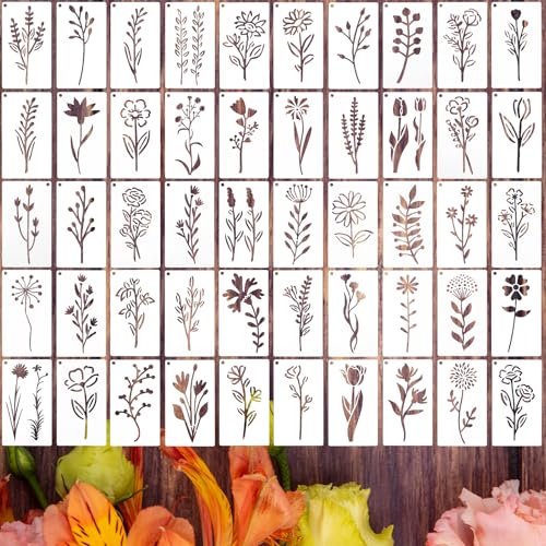 50 Stück Blumenschablonen zum Malen auf Holz, wiederverwendbare Blumenschablone, Wildblumen-Schablonen, Malschablonen, Bastelarbeiten, Zeichenschablonen für Holz, Möbel, Wände, Leinwand, Stoff 50 Stück Blumenschablonen zum Malen auf Holz, wiederverwendbare Blumenschablone, Wildblumen-Schablonen, Malschablonen, Bastelarbeiten, Zeichenschablonen für Holz, Möbel, Wände, Leinwand, Stoff von Gtziqa