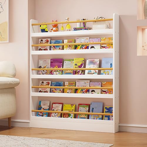 Gtzly Handgefertigtes BüCherregal Wand Kinder, 5-StöCkiges BüCherregal for Kinderzimmer, Kinderzimmer-MöBel-BüCherregal, BüCherregal aus Massivem Holz Hinter der TüR ( Color : Wit , Size : 90*10*145cm von Gtzly