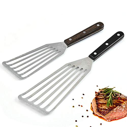 GuDoQi Fischwender, 2 Stück (11 Zoll & 12,5 Zoll), Professioneller Fish Spatula, Holzgriff, Grillwender Fisch aus Edelstahl, Antihaft Bratspatel zum Kochen von Fisch, Ei, Fleisch, Knödelbraten von GuDoQi