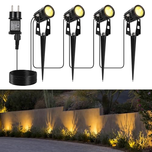 GuKKK Gartenbeleuchtung, 4er Set Gartenstrahler, Außenleuchten Netzbetriebene 13m 12V Niederspannungs-Pfad Strahler mit Adapter IP67 Wasserdicht, Warmweiß Scheinwerfer Gartenlampe Wegbeleuchtung von GuKKK