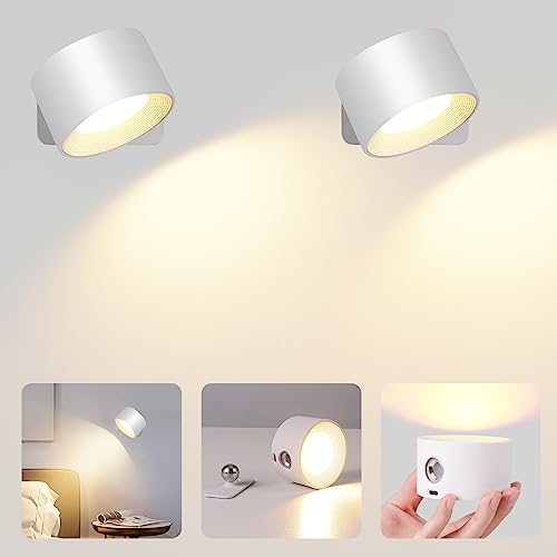 GuKKK LED Wandleuchte Innen, 2 Stück LED Wandlampe mit Akku, Wandlampe innen mit USB-Ladeanschluss, 360° Drehbare Touch Control Wandleuchte, 3 Helligkeitsstufen, für Schlafzimmer, Flur (Weiß) von GuKKK