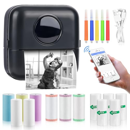 GuKKK Mini Drucker, Mobiler Fotodrucker, Tragbarer Mini Fotodrucker, Wireless Fotodrucker Thermodrucker, mit 13 Rollen Druckerpapie und 5 Buntstifte, Smartphone Bluetooth Drucker, für Lernhilfe von GuKKK