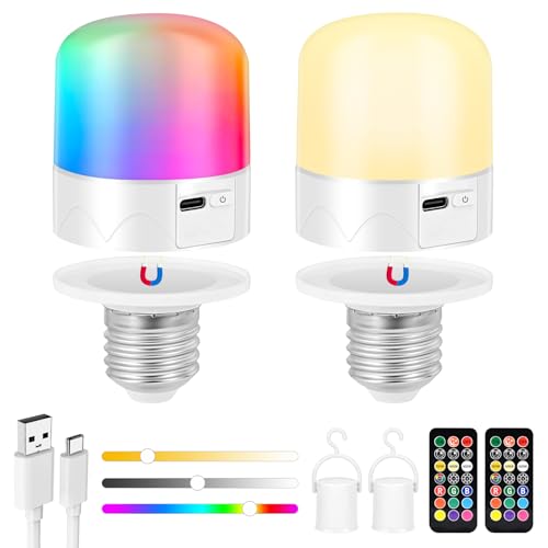 GuKKK USB Aufladbare Glühbirne mit Fernbedienung, 2 Stück RGB Aufladbare Glühbirne mit Batterie, 2000mAh Tastensteuerung Dimmbare LED Akku Glühbirne mit Timing-funktion, für Pendelleuchten Notlicht von GuKKK