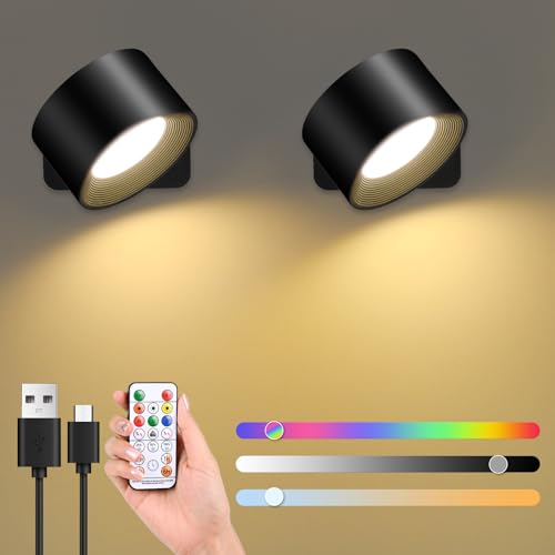GuKKK Wandleuchte Innen 2 Stück, Aufladbare RGB Wandlampe mit 3 Helligkeitsstufen und 16 Farbe, LED Wandleuchte Innen 360° Drehbare Touch Control Wandleuchten für Schlafzimmer Treppen Badezimmer von GuKKK