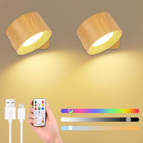 GuKKK Wandleuchte Innen 2 Stück, Aufladbare RGB Wandlampe mit 3 Helligkeitsstufen und 16 Farbe, LED Wandleuchte Innen 360° Drehbare Touch Control Wandleuchten für Schlafzimmer Treppen Badezimmer von GuKKK