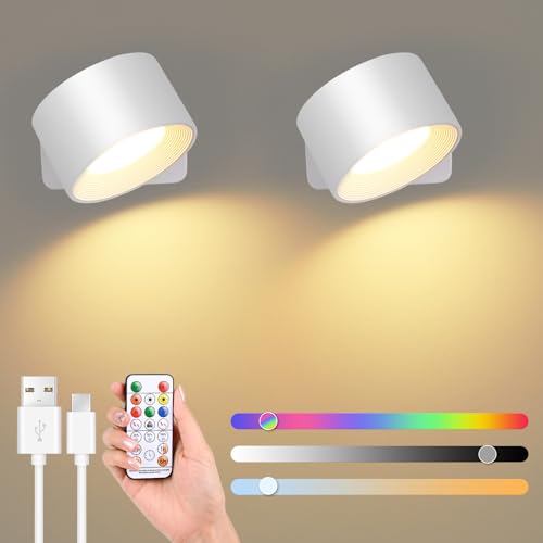 GuKKK Wandleuchte Innen 2 Stück, Aufladbare RGB Wandlampe mit 3 Helligkeitsstufen und 16 Farbe, LED Wandleuchte Innen 360° Drehbare Touch Control Wandleuchten für Schlafzimmer Treppen Badezimmer von GuKKK