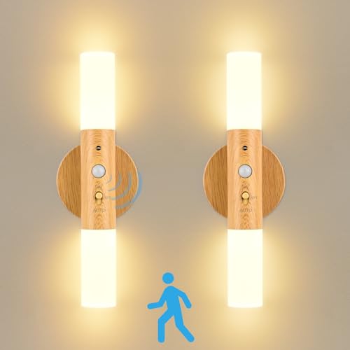 GuKKK Wandleuchte Innen 2 Stück, USB Aufladbar Wandleuchte Holz Innen mit Bewegungsmelder Induktions, Akku LED Wandlampe Warmweiß, Kabellos Led Wandleuchten Innen mit Schalter für Schlafzimmer, Flur von GuKKK