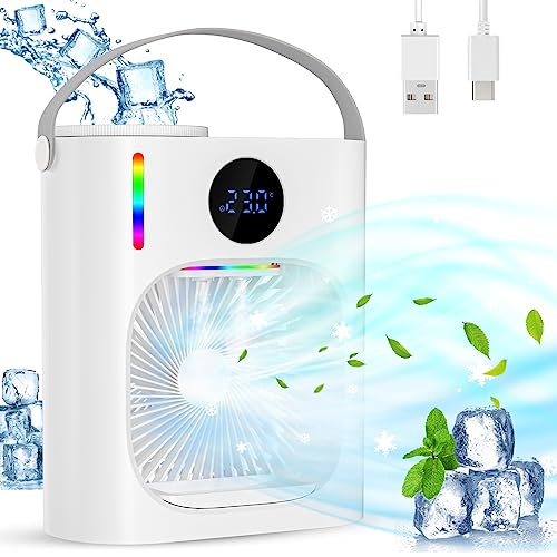 Mobile Klimaanlage, 4 in 1 Mini Ventilator mit Kühlen Nebel, 900ml Tragbarer Mobile klimagerät Mini Air Cooler, USB Ventilator Schreibtisch mit 3 Geschwindigkeiten, 7 Farben Licht, für Zuhause/Büro von GuKKK