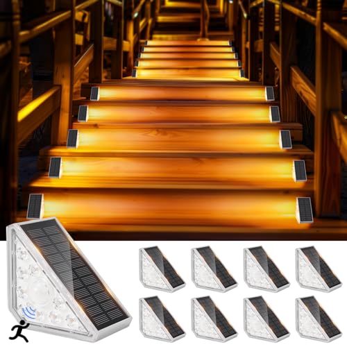 Solarlampen für Außen, GuKKK 8 Stück Solar Treppe Lampe mit Bewegungsmelder, 1200mAh 3000K Warmweiß LED Stufenleuchte, IP67 Wasserdichte Treppenbeleuchtung Außen Solar Treppenlicht,für Hinterhof Patio von GuKKK