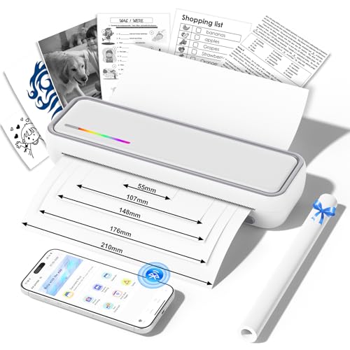 Thermodrucker A4, GuKKK Mobiler Drucker A4 für Unterwegs, Büro, Schule, Tattoo Drucker, Bluetooth Thermodrucker Unterstützt Thermopapier im 210 x 297 mm, Tragbarer Drucker Kompatibel mit iOS & Android von GuKKK