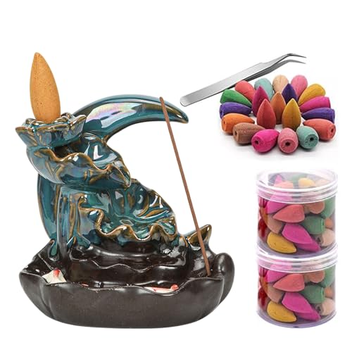 Backflow Räucherstäbchenhalter Rückfluss Räuchergefäß,Guador Handgemachte Wasserfall Räucherstäbchen Halter mit 80 Pcs Multi Aromatisierte Rückfluss Räucherkegel und Edelstahl Pinzette(Mond) von Guador