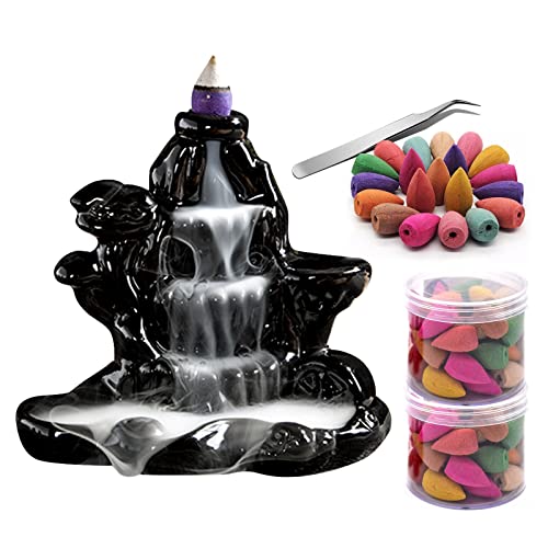 Backflow Räucherstäbchenhalter Rückfluss Räuchergefäß,Guador Handgemachte Wasserfall Räucherstäbchen Halter mit 80 Pcs Multi Aromatisierte Rückfluss Räucherkegel und Edelstahl Pinzette von Guador