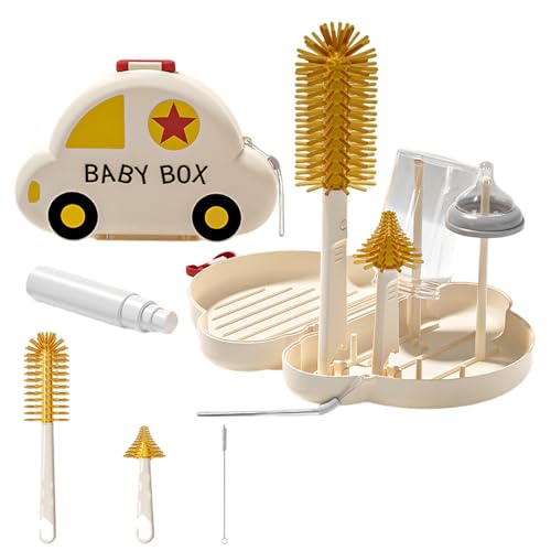 Flaschenbürste Baby,Guador 7-In-1 Babyflaschen Bürste,Tragbarer Trockenständer Kompaktwagen Babyflaschen Trockenständer,Baby Flaschenbürste Set,Seifenspender,Flaschentrockengestell,Bpa-Frei,Beige von Guador