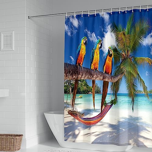 Duschvorhänge 200x200CM, Palme, Papagei, Hängematte am Strand Duschvorhang Antischimmel Wasserdicht Blau Grün Beige Shower Curtain von Gualiy