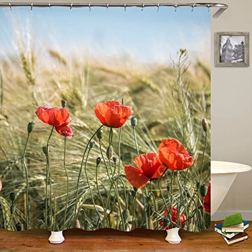 Gualiy Bad Vorhang Waschbar, Bad Vorhang Rot Blumen Duschvorhang Antischimmel Waschbar Vintage Bunt Duschvorhänge 165x180cm von Gualiy