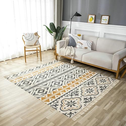 Gualiy Baumwolle Leinen Teppich Waschbar Rechteckig, Teppich Gelb 60x130 Geometrisch Muster mit Quasten Wohnzimmer Teppiche von Gualiy