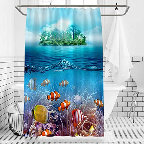Gualiy Duschvorhang Stoff Waschbar, Badewanne Vorhänge Schimmelfrei Ozean Hai Sonnenstrand Bad Vorhang Mehrfarbig Duschvorhang 120x180CM von Gualiy