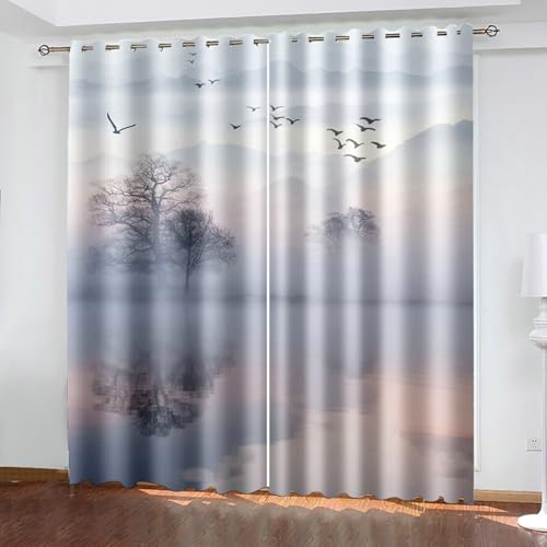 Gualiy Fenster Vorhänge Wohnzimmer, Vorhang Blickdicht 107x160 See Bäume und Vögel Landschaft Vorhang mit Ösen 2er Set von Gualiy