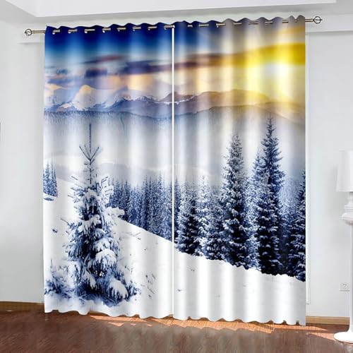 Gualiy Polyester Vorhänge 2er Set, Vorhang 132x274 Bäume Schnee Sonnenaufgang Gardine Vorhang Blickdicht von Gualiy