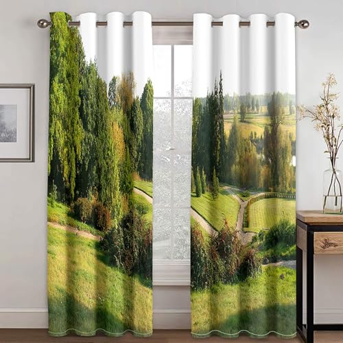 Gualiy Polyester Vorhänge 2er Set, Vorhang Blickdicht 132x244 Baum und Rasenlandschaft Ösenvorhang Verdunkelung von Gualiy