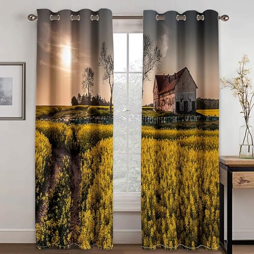 Gualiy Polyester Vorhänge 2er Set Ösen, Vorhänge Gelb 102x160cm Blumen und Sonnenscheinlandschaft Fenstervorhang Blickdicht von Gualiy