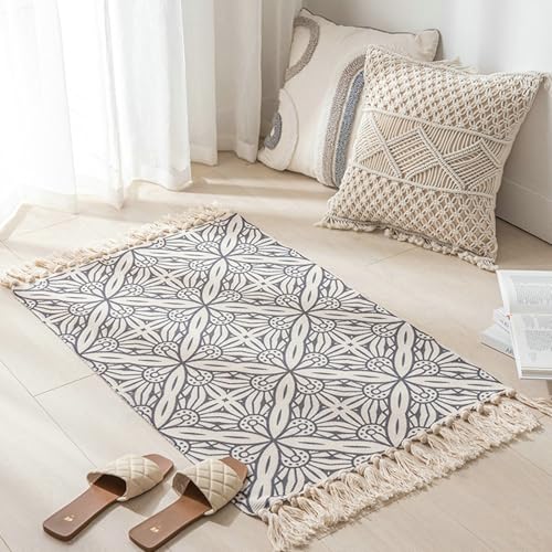 Gualiy Rechteckig Teppich Vorzimmer, Teppich 60x90 Polyester Blumen Muster mit Quasten Wohnzimmer Teppiche, Grau Beige von Gualiy