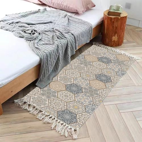 Gualiy Rechteckig Teppich Waschbar, Teppich 90x150 Baumwolle Leinen Geometrisch Muster mit Quasten Wohnzimmer Teppiche, Grau Helles Khaki von Gualiy