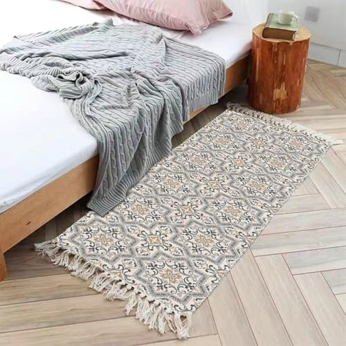Gualiy Rechteckig Teppiche, Teppich 120x180 Baumwolle Leinen Geometrisch Muster mit Quasten Teppich Waschbar, Hellgrau Helles Khaki von Gualiy
