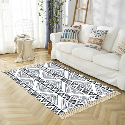Gualiy Rechteckig Teppiche, Teppich Klein 50x80 Baumwolle Leinen Geometrisch Muster mit Quasten Wohnzimmer Teppiche, Schwarz Grau von Gualiy